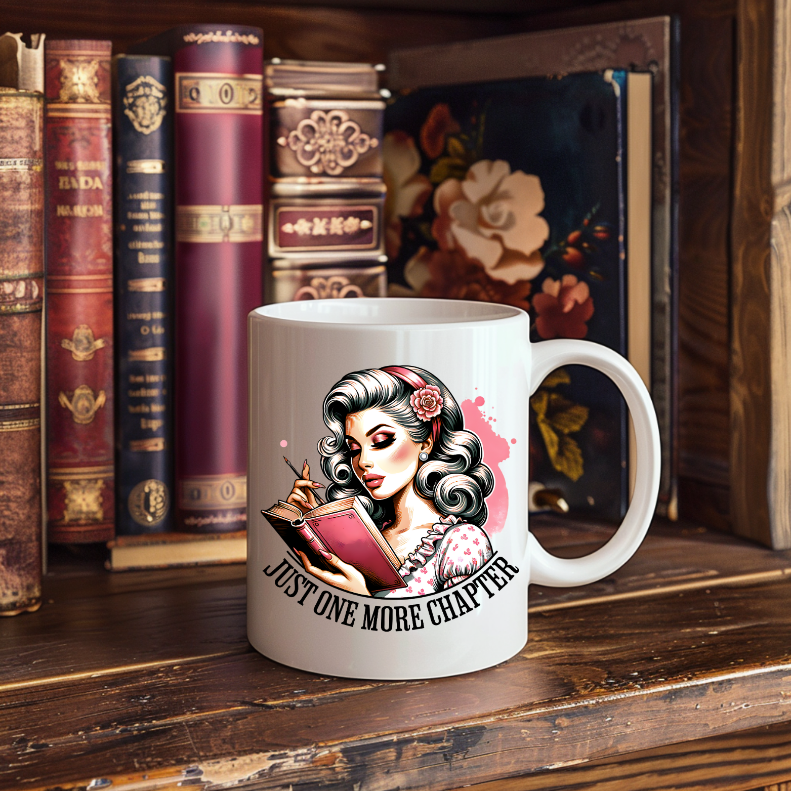 Just One More Chapter Mug – Vintage Pin-Up Reader Girl - 11oz Coffee Mug