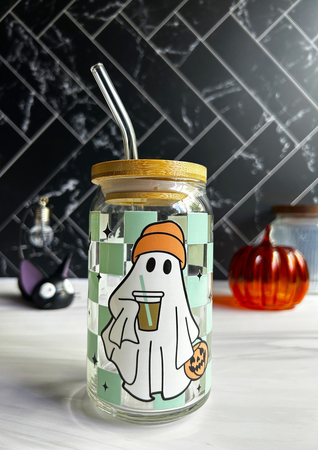 Checkered Hipster Ghost Glass Can