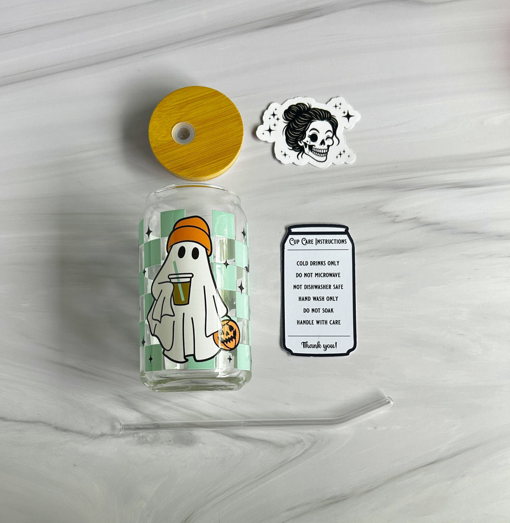 Checkered Hipster Ghost Glass Can