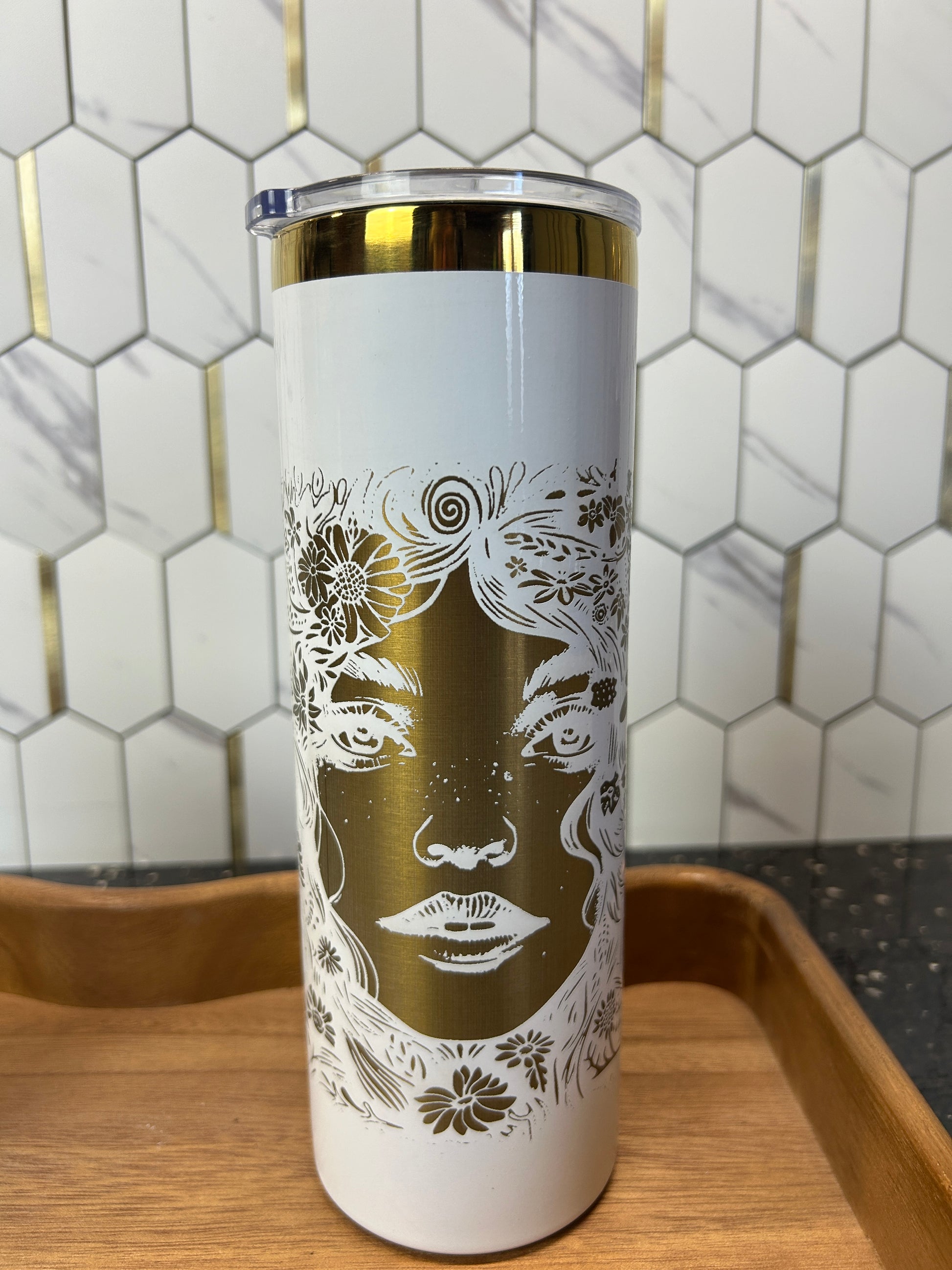 White & Gold Goddess Tumbler: 20oz Stainless Steel Travel Cup