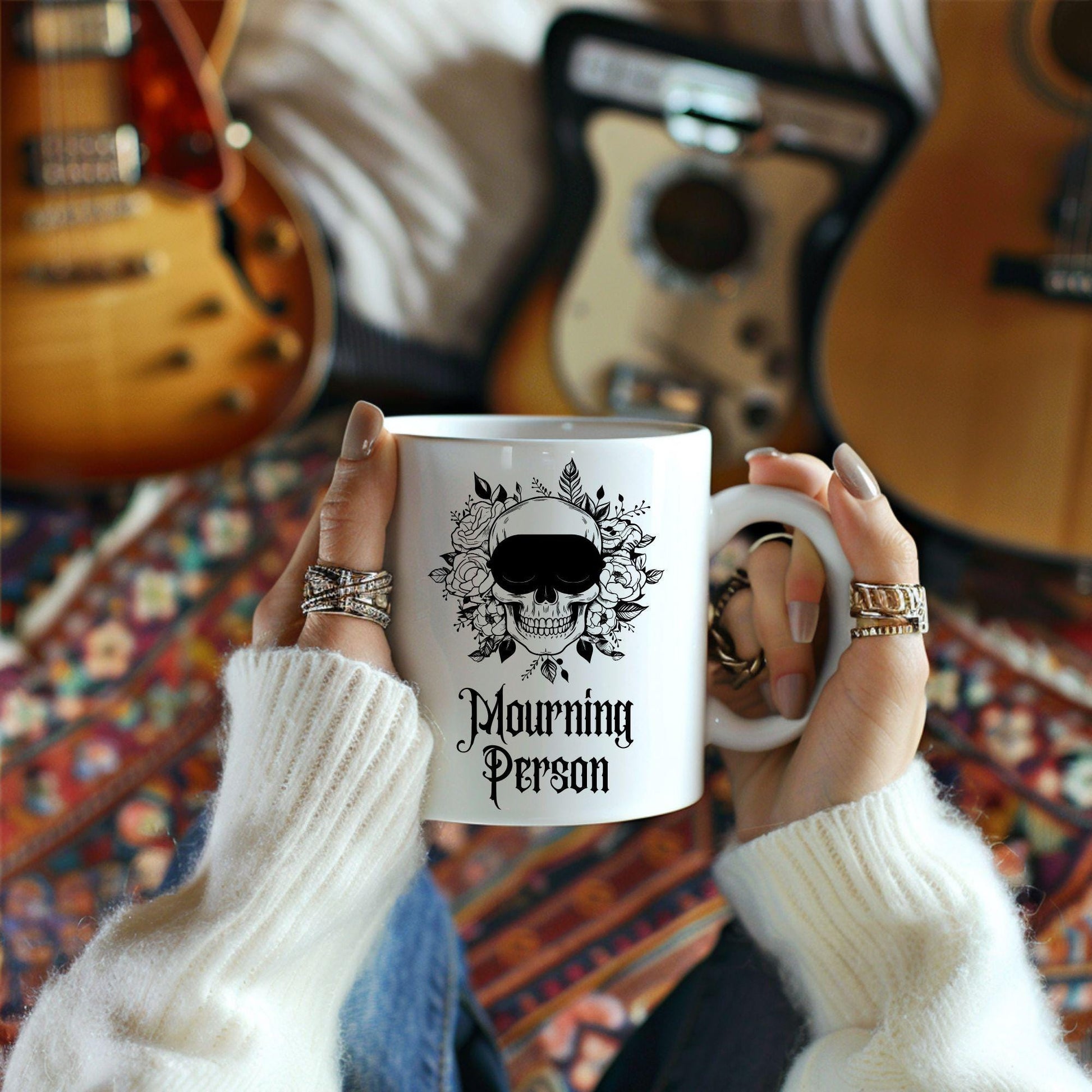 "Mourning Person" 11oz Mug - Skull with Floral Gothic Design