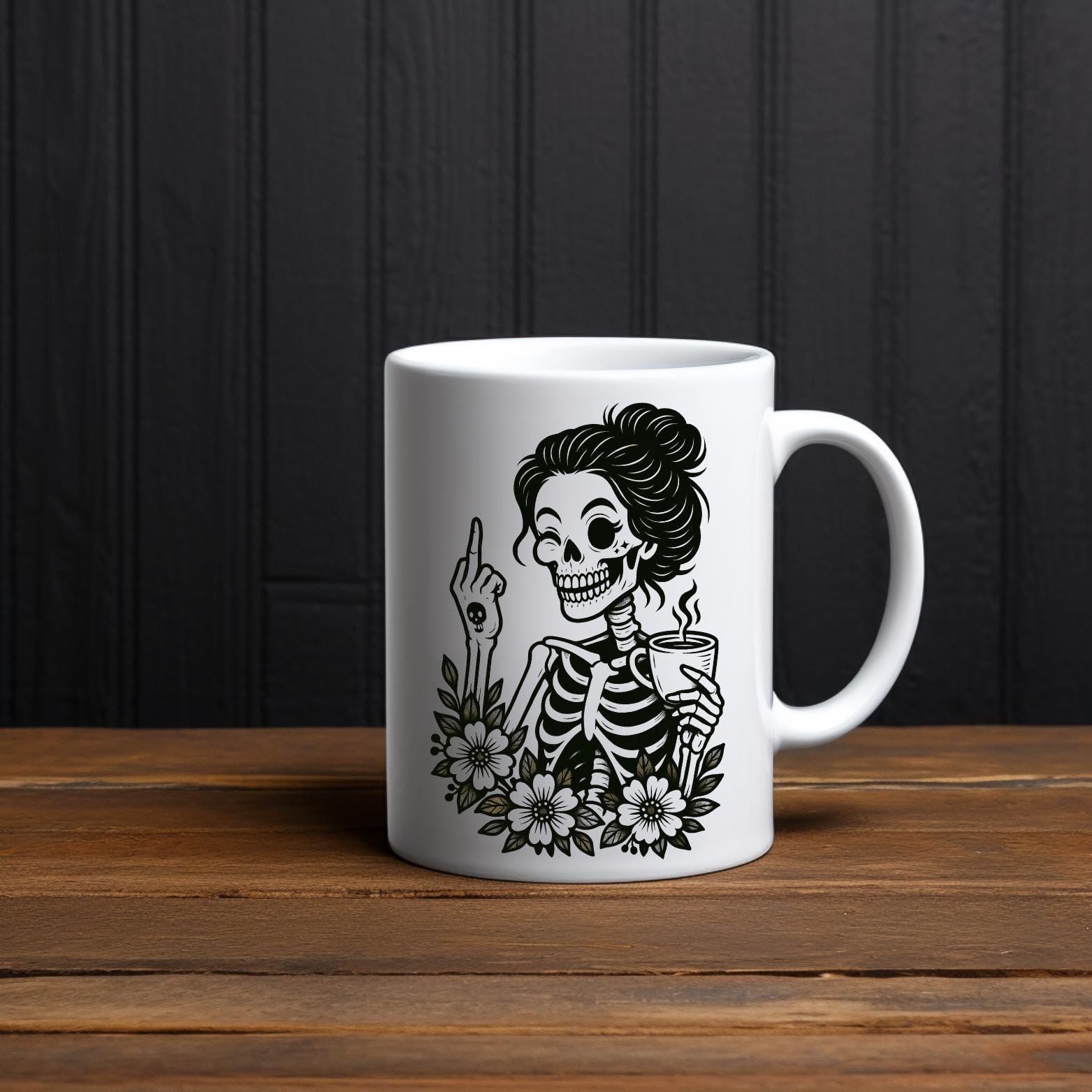 RBF Mugs Skeleton w/ Middle Finger & Flowers - 11oz Mug