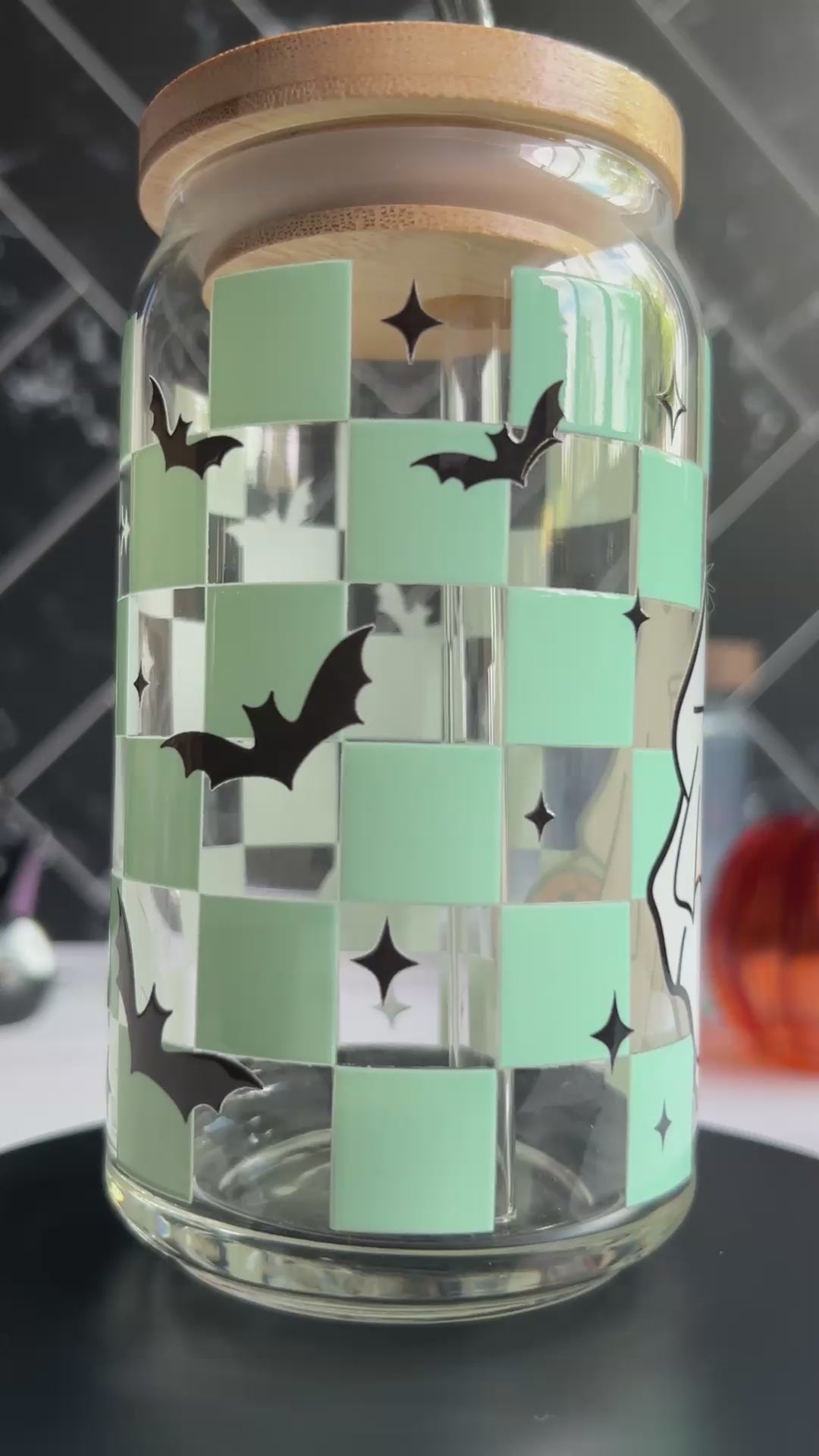 Checkered Hipster Ghost Glass Can